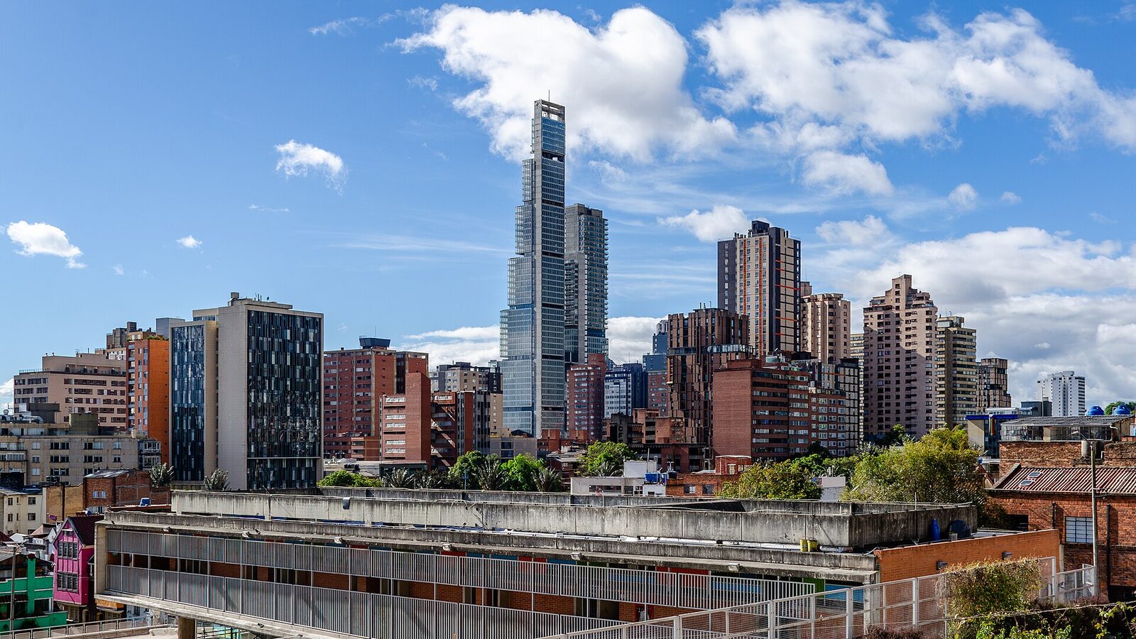 View of the Santa Fe skyline from the La Concordia market hall in Bogotá, Colombia