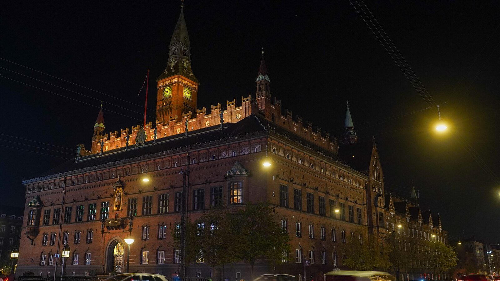 Copenhagen City Hall at night. The building is situated on City Hall Square in central Copenhagen
