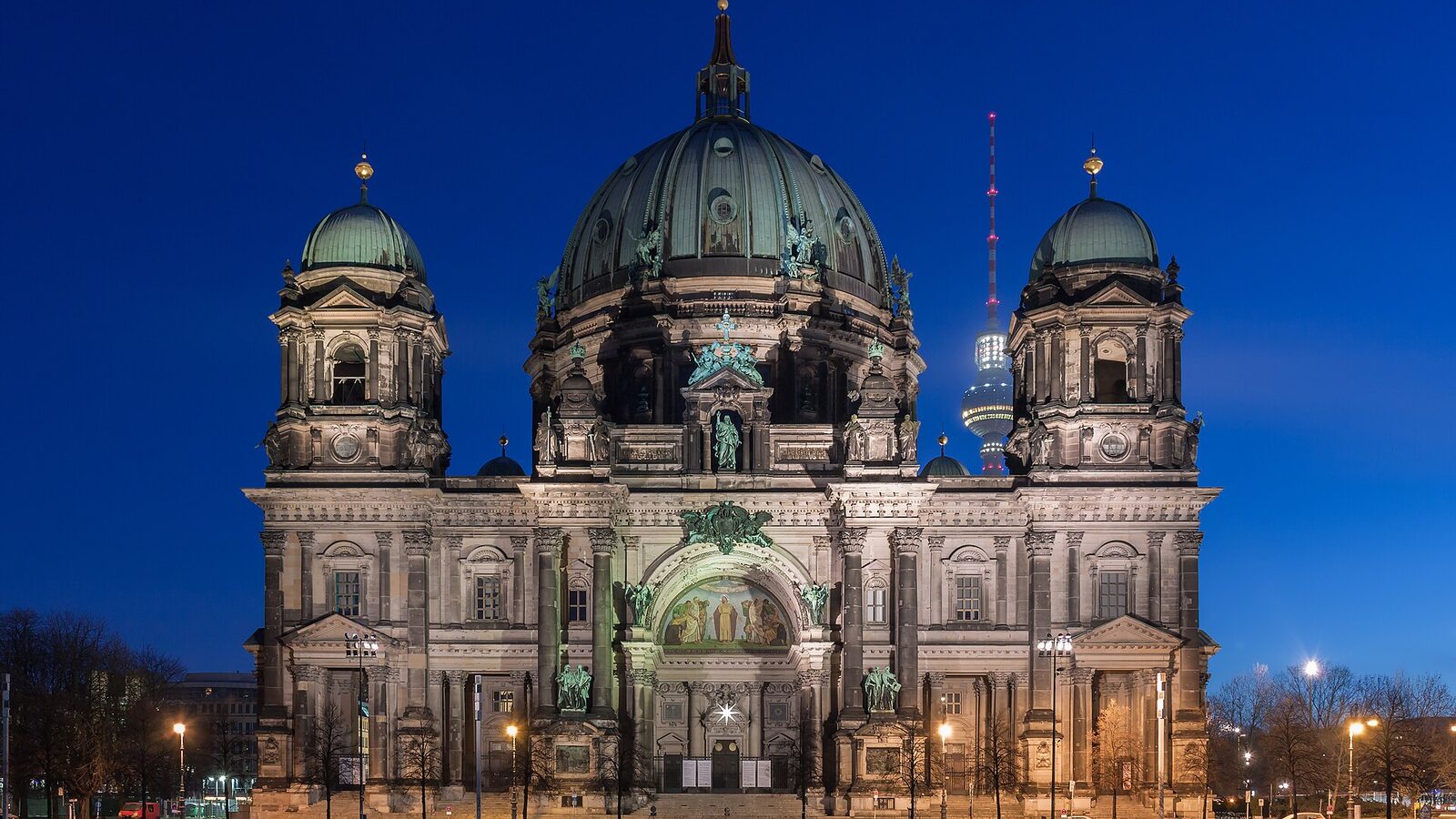 The west front of the Berlin Cathedral in the early morning at the blue hour