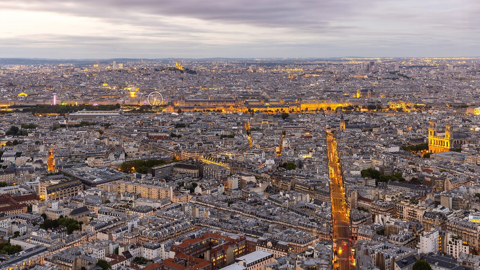 Panoramic view on the illuminated Rue de Rennes and Église Saint Sulpice at sunset France