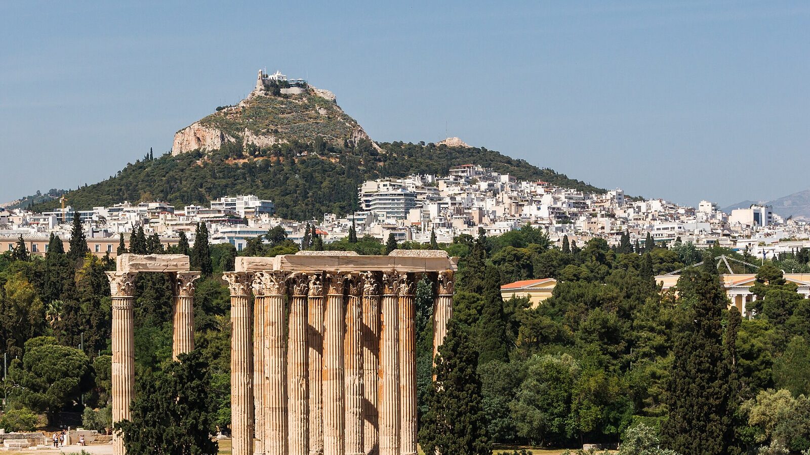 From the Temple of Olympian Zeus to the Lycabettus hill, as seen from the roof terrace of the "Royal Olympic" hotel, Athens, Greece