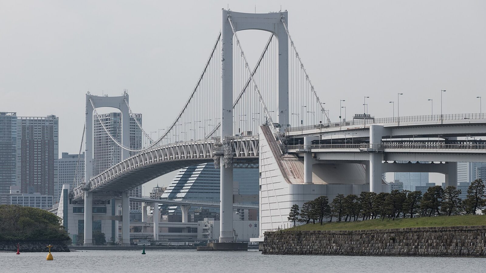 A south view of the Rainbow Bridge, Tokyo, as seen from Odaiba