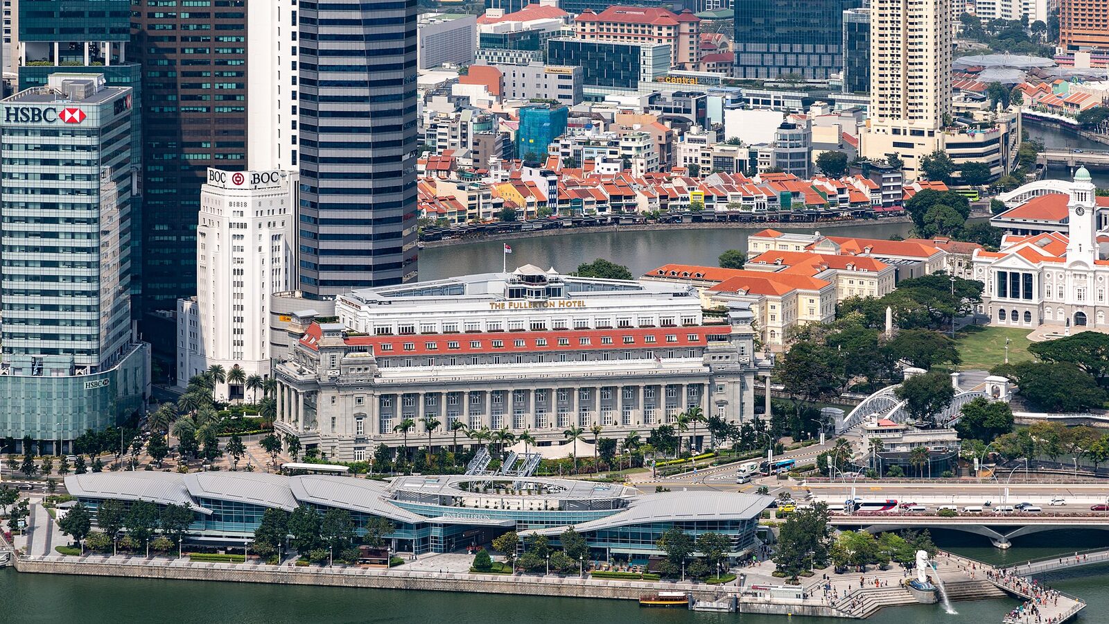 The Fullerton Hotel, SingaporeNote: The photo was taken from the observation deck „Marina Bay Sands SkyPark“ of the Marina Bay Sands Hotel
