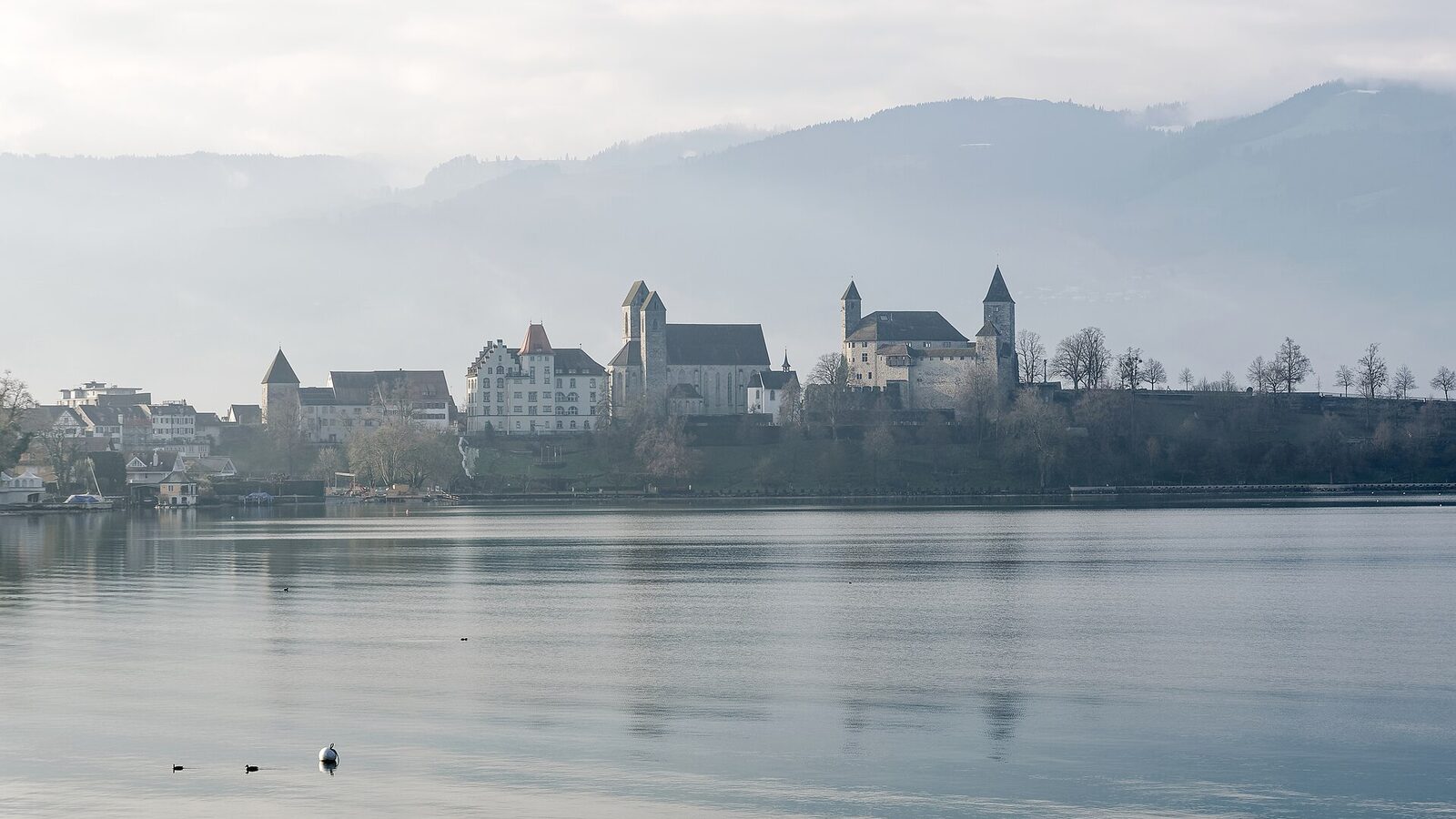 View of Rapperswil Castle and St. John's Church overlooking Lake Zurich on a misty morning in Rapperswil