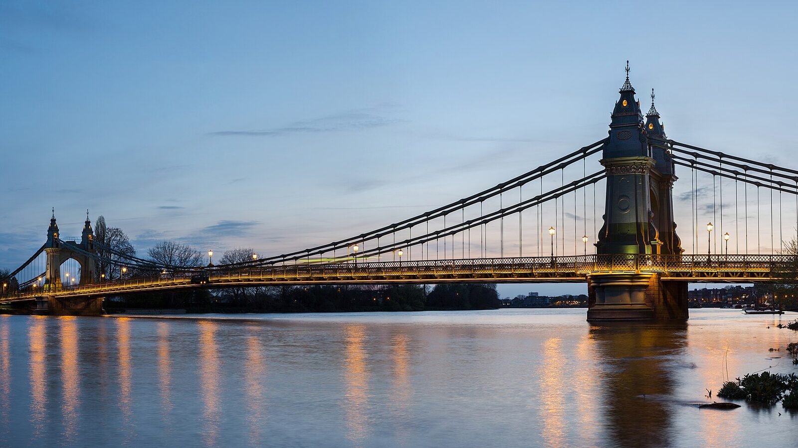 Hammersmith Bridge in London, England, UK, as viewed from the north-eastern side in Hammersmith