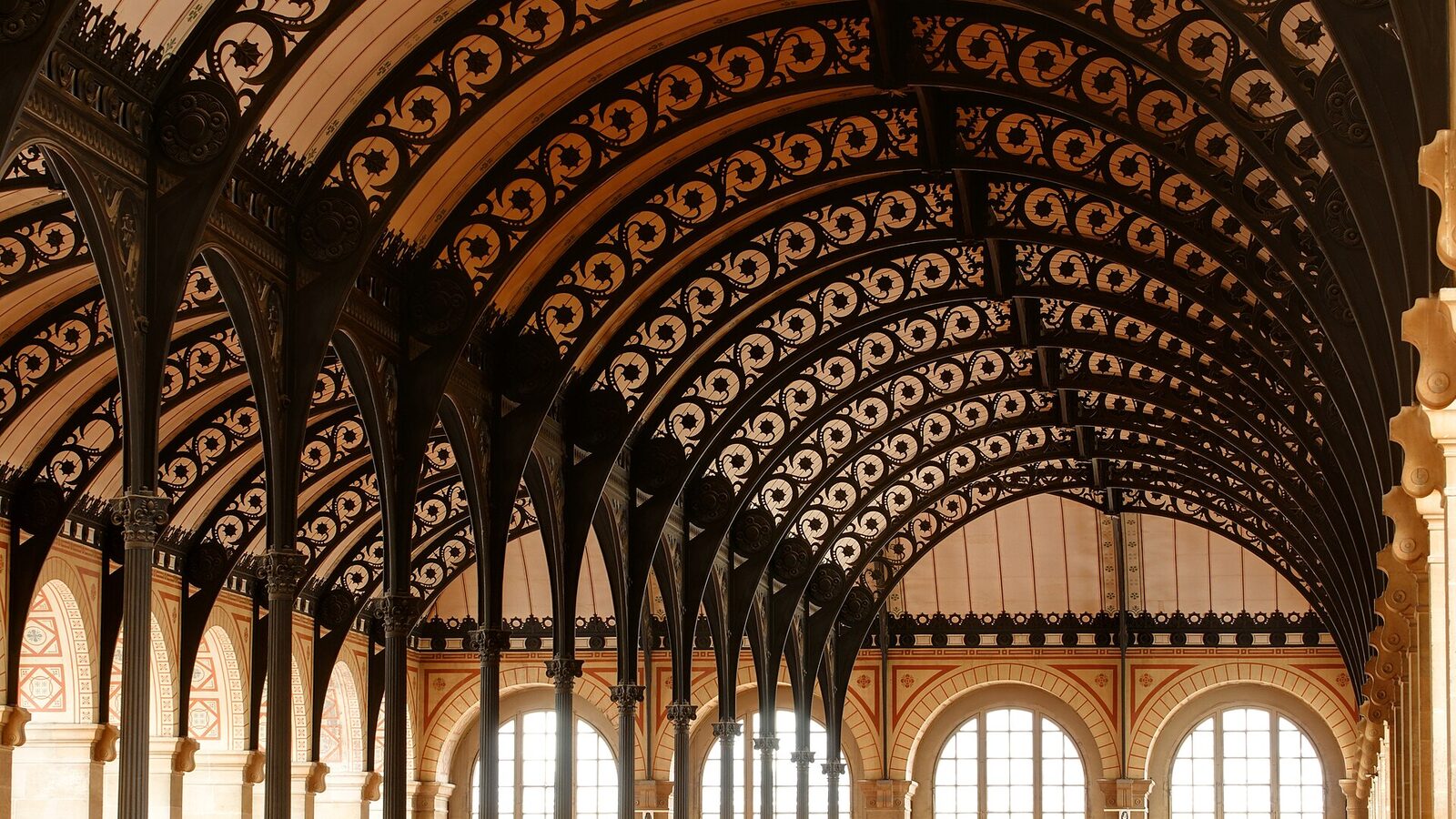 Cast iron supporting structure, ceiling of the reading room of the Bibliothèque Sainte-Geneviève, Paris