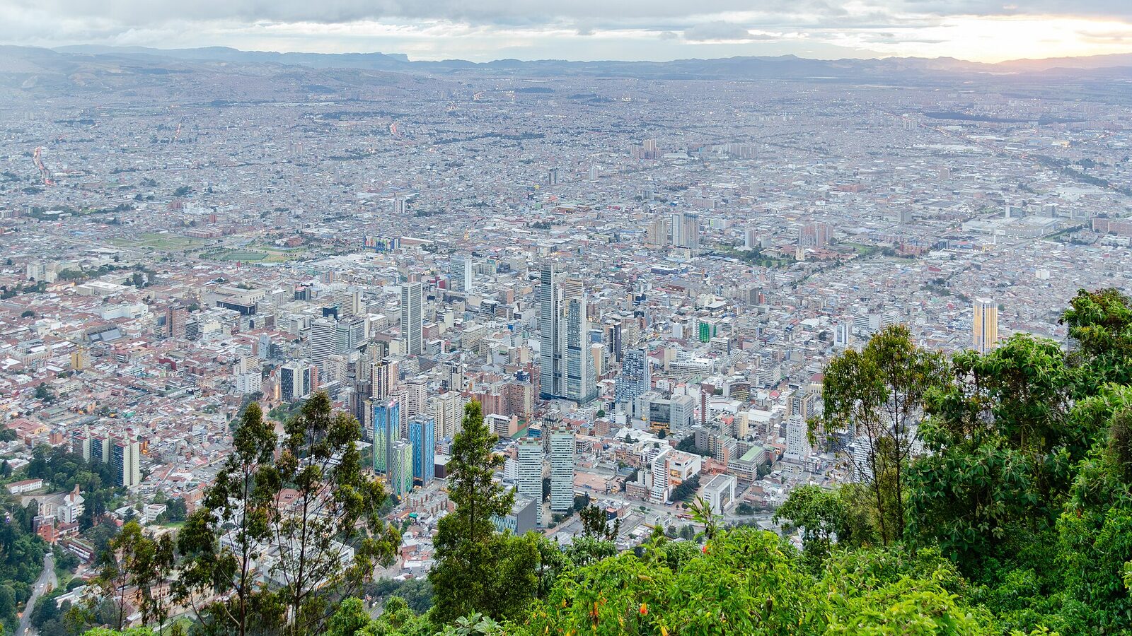 Evening view of the Colombian capital Bogotá from Mount Monserrate at sunset shortly after a rain shower