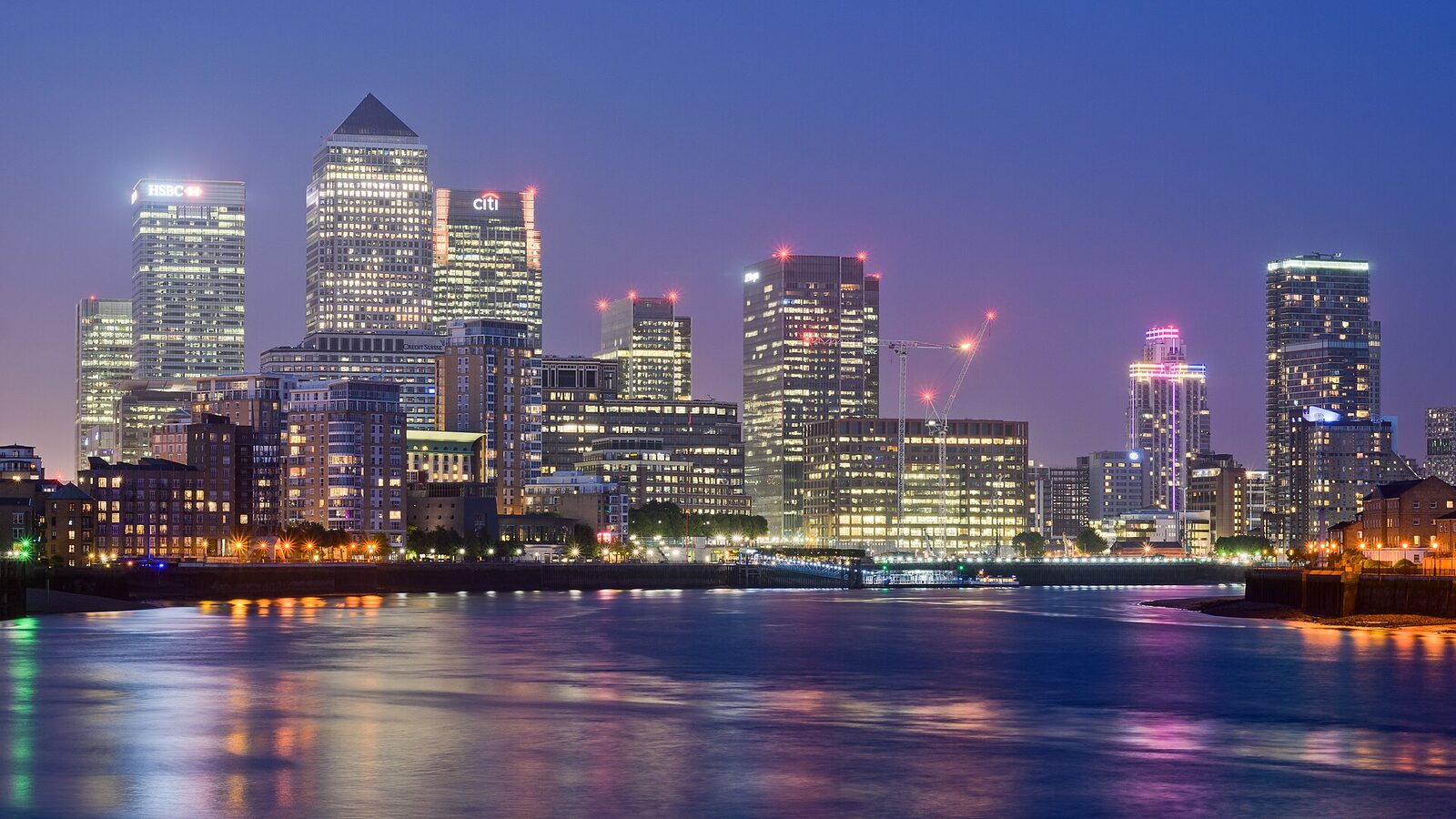 HDR from three exposures (+2 to -2) of Canary Wharf, as seen from the Thames Path, Limehouse, London