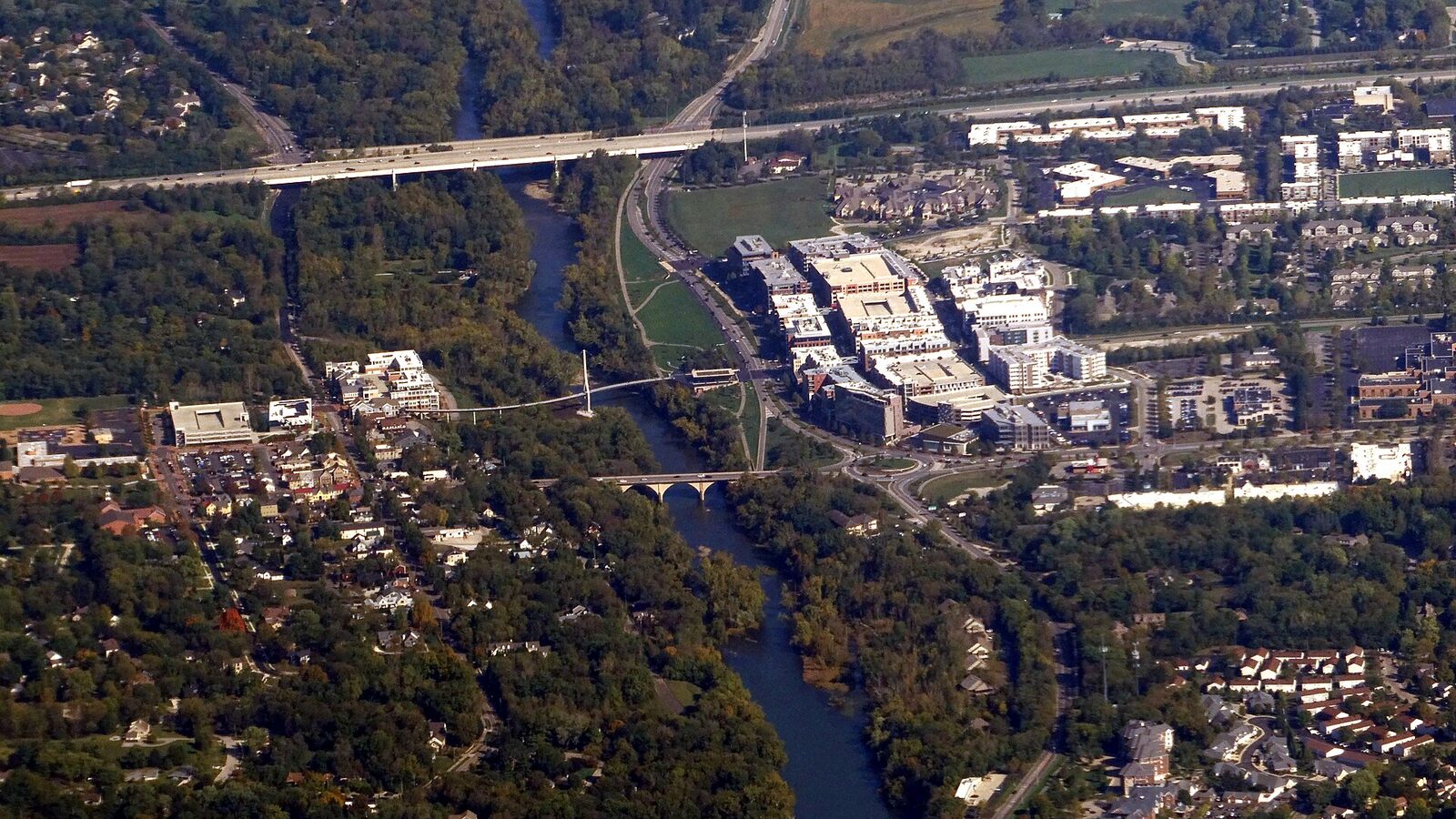 Aerial view of Dublin, Ohio, in October 2024