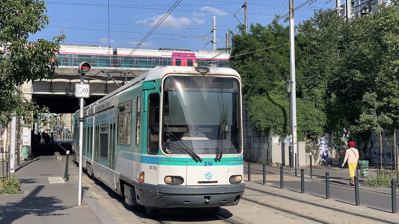 Tram on Paris Tramway Line 1, Harbour Street in Saint-Denis, Seine-Saint-Denis (France)