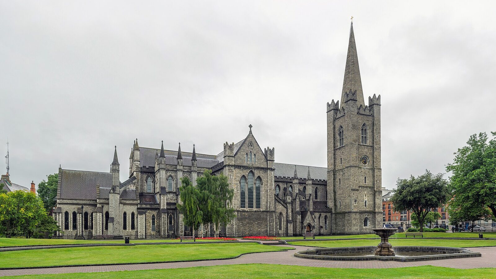 The exterior of St Patrick's Cathedral as viewed from the north-east across St Patrick's Park in Dublin, Ireland