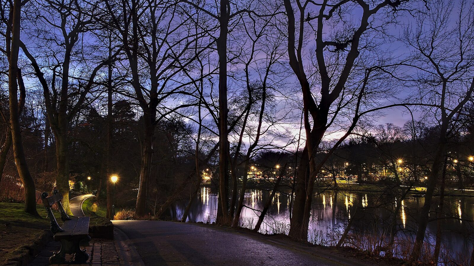 Parc Tenreuken looking South from the West side during the sunset civil twilight, Auderghem, Belgium (DSCF3745,DSCF3746)