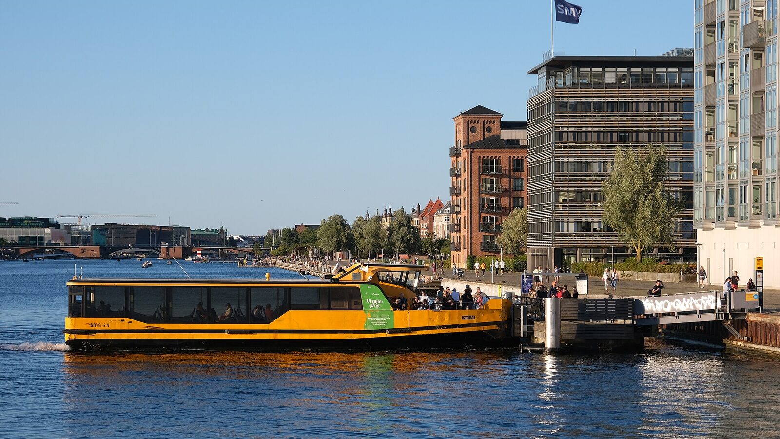 The Bryggebroen station for the Harbor Bus, public transit by boat, in Copenhagen, Denmark