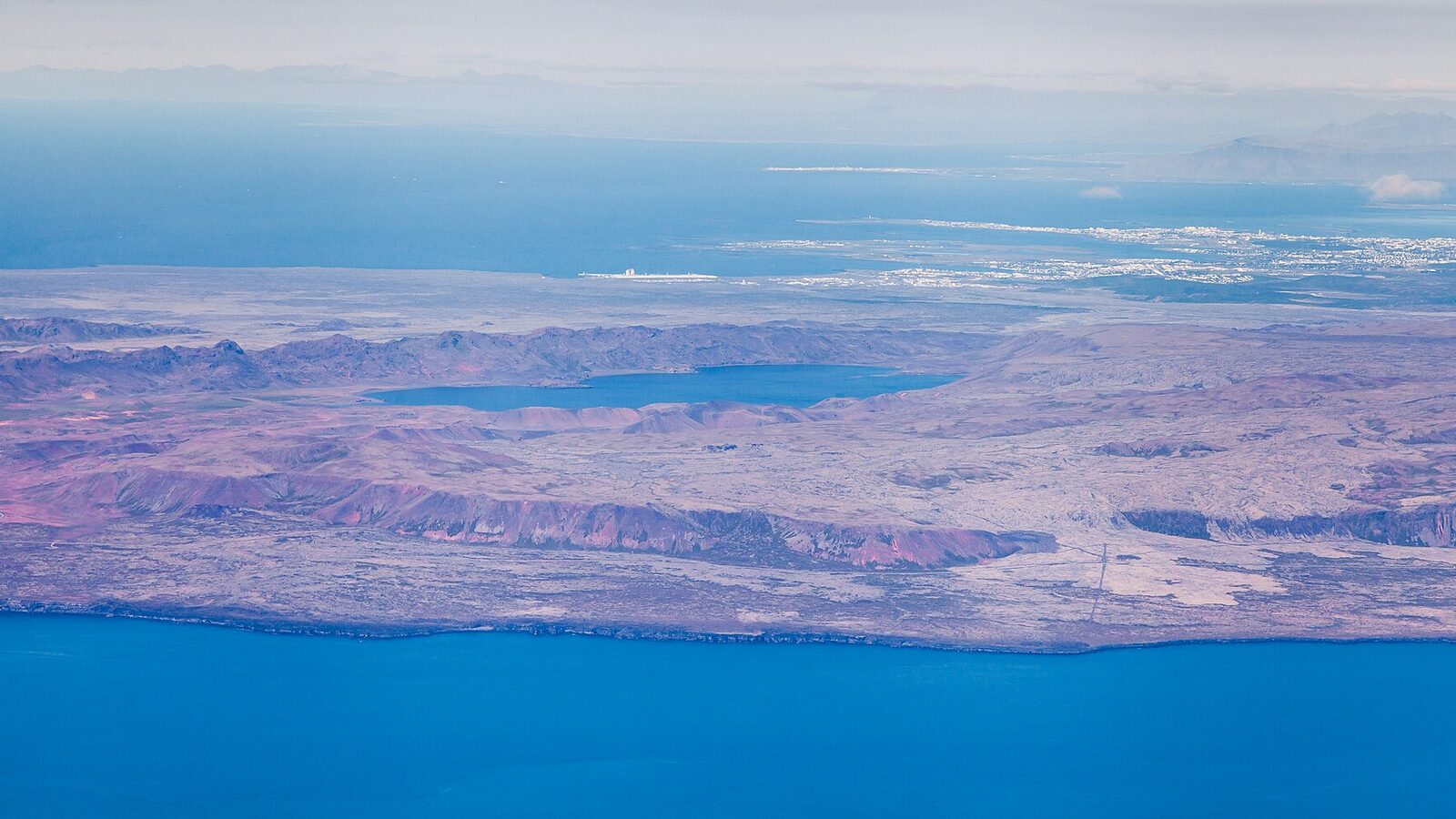 Aerial view of the Southwest of Iceland. Atlantic coast, Lake Kleifarvatn and Reykjavík