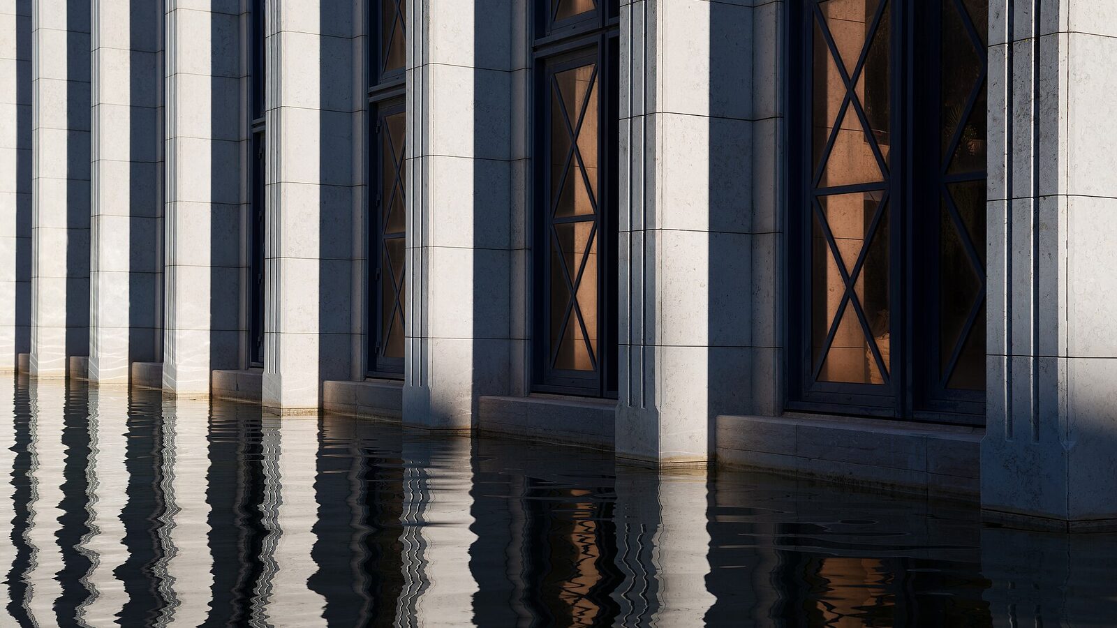 Building façade water reflection, Jardim Norte da Caixa Geral de Depósitos, Lisbon, Portugal