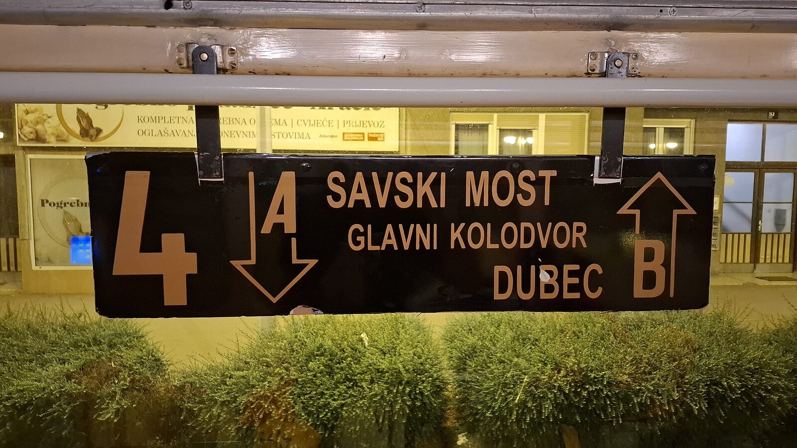 Direction sign on tram line 4 in Zagreb, Croatia, photographed inside of a Tatra T4 model tram