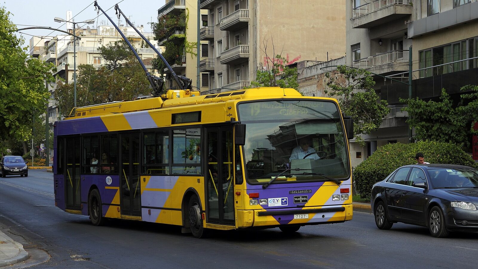 Trolleybus at Alexandras Avenue in Athens (Attica, Greece). No. 7107 is a 2002 Van Hool A300T