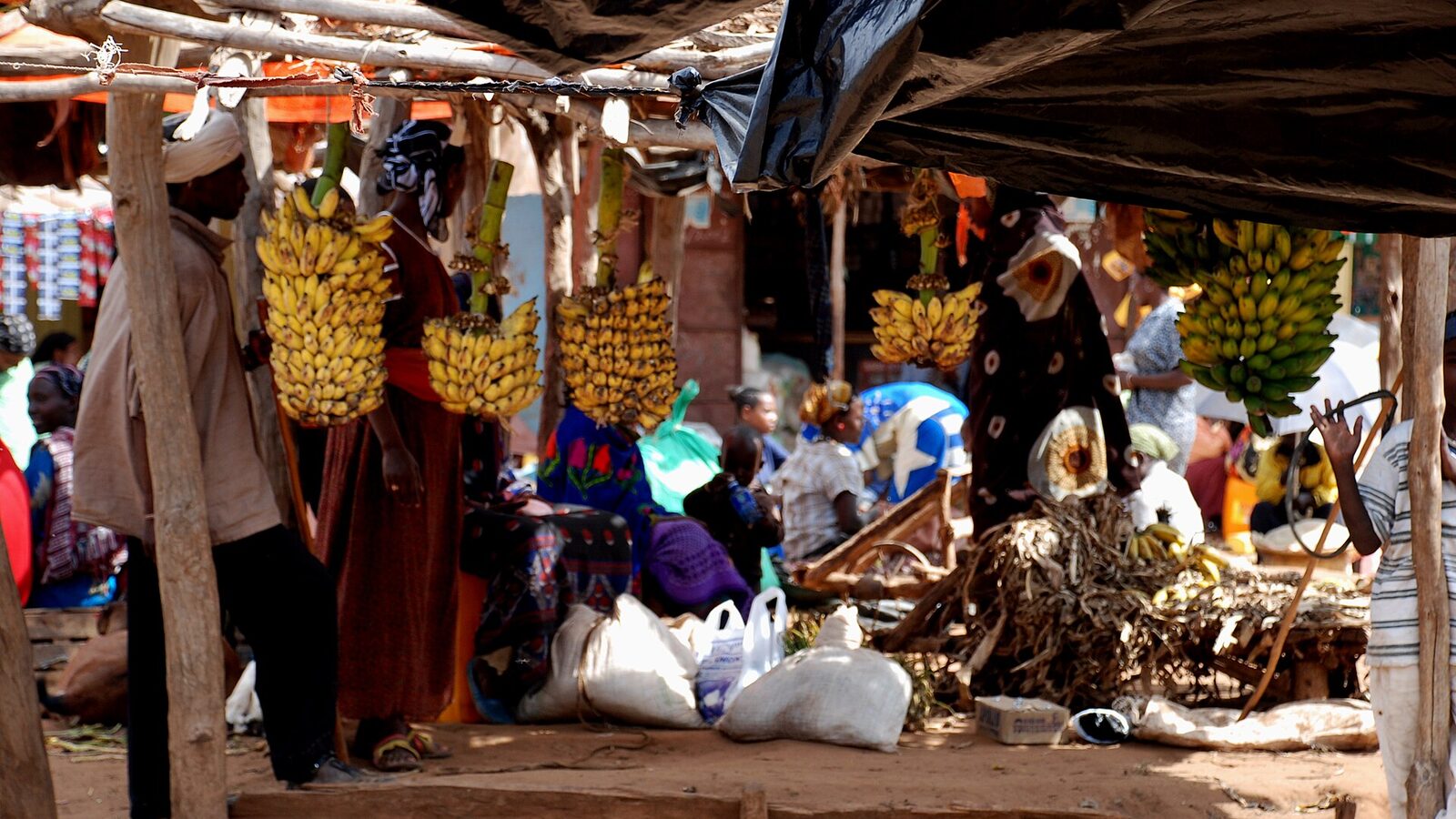 Stall at Yabelo market displaying bananas, other foodstuffs and assorted goods under a shelter