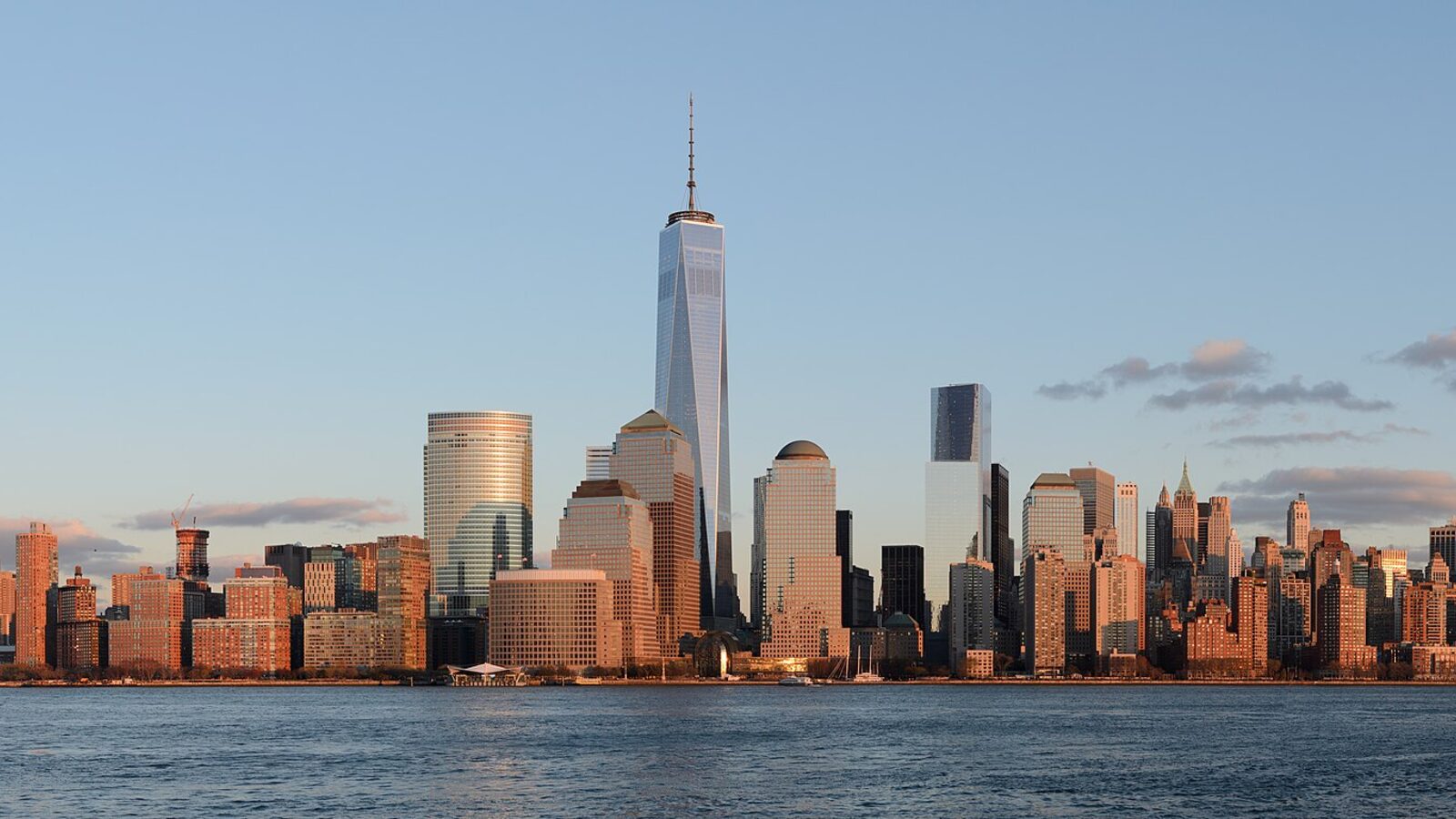 Four-segment panorama of Lower Manhattan, New York City, as viewed from Exchange Place, Jersey City, New Jersey