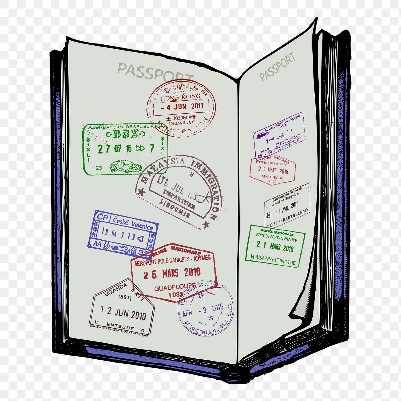Passport pages with visa stamps