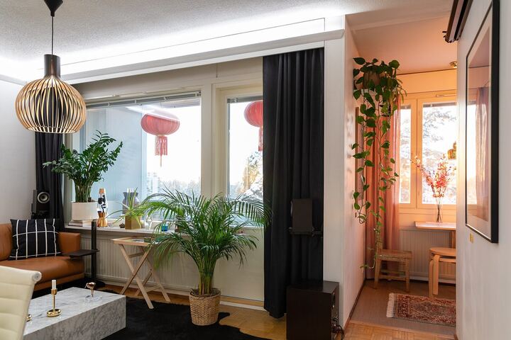 Shared living room with plants and balcony
